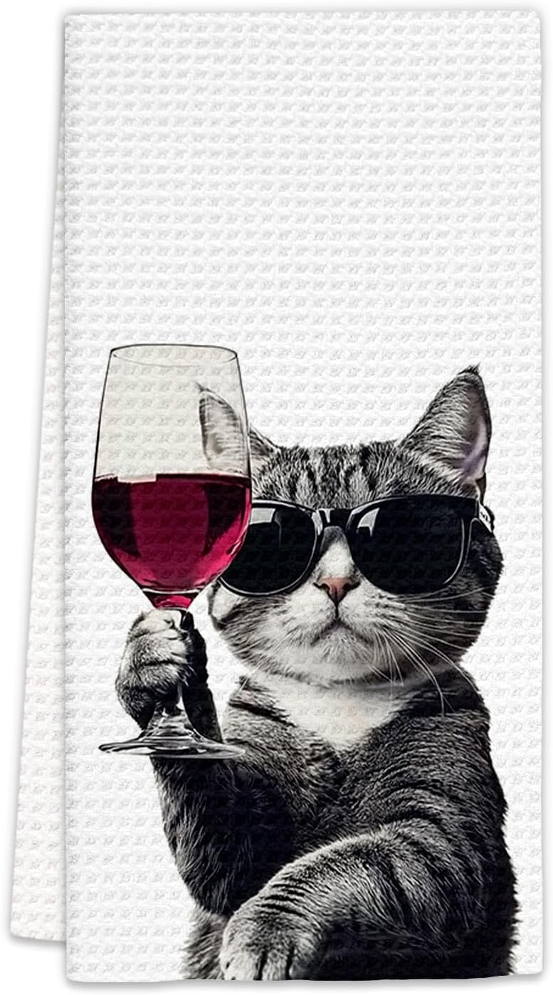FIicy Funny Cat Kitchen Towels, Cat Bar Dish Towels, Gifts for CatWine Lovers Decorative Hand Towel Bar Towel for Kitchen Home Bar, CatKitchen Accessories, FunnyCat Wine Home Bars Decor(16x24lnch) - Image 1